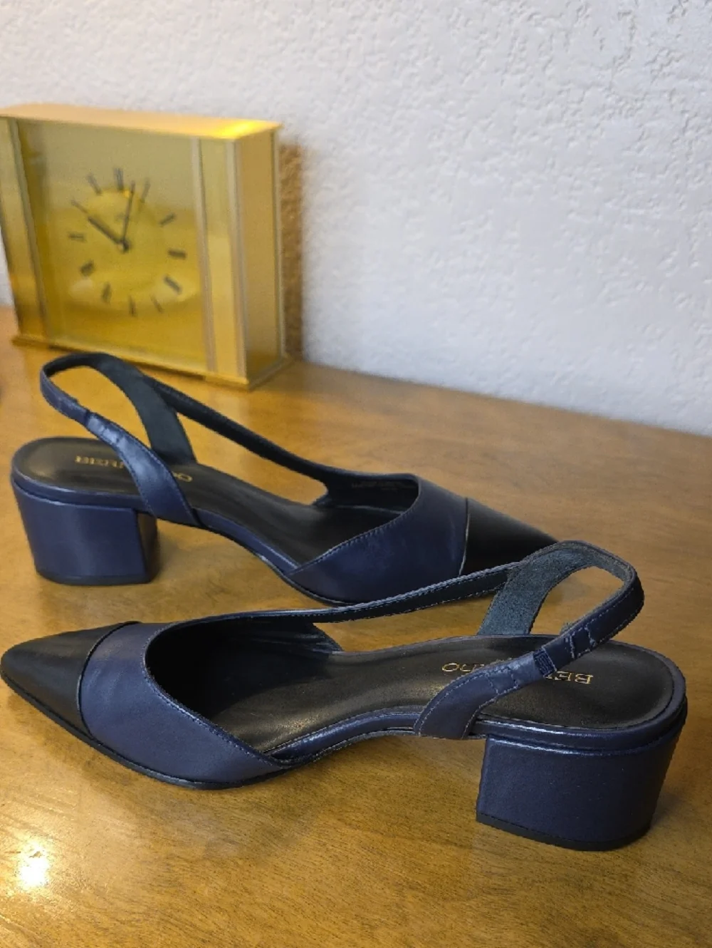 Bernardo Leather Navy Pointed Toe Slingback Low Block Heels L7.5 R7 *****